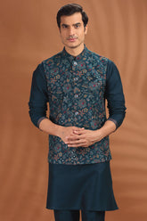 Rama Blue Silk Embroidered Kurta Pajama with Jacket